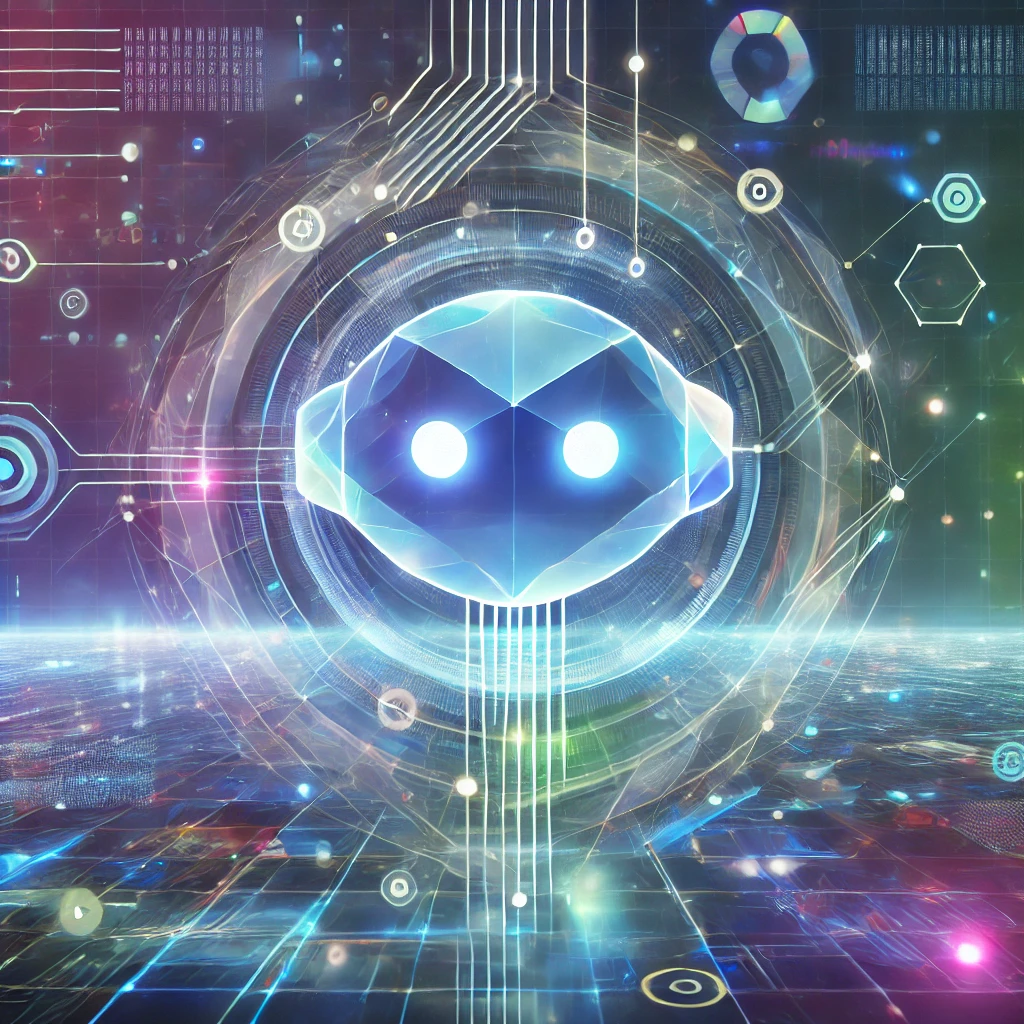 Una ilustración futurista y creativa de una inteligencia artificial similar a ChatGPT, representada como un holograma brillante con formas geométricas