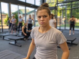 an image of a frustrated person at the gym because they don't fit in and can't achieve their goals, in a cool gym environment surrounded by motivated people who do exercise.