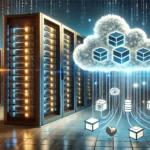 A visual contrast between a traditional data center and a floating cloud with containers. In the foreground, a large rack of physical servers with bli
